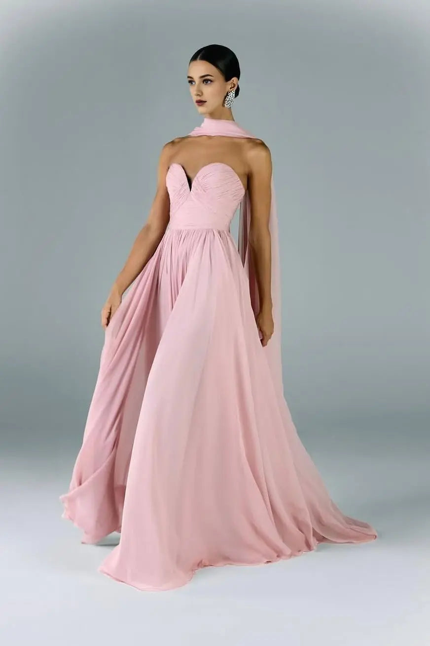 Weitese Dress Beautiful Rose Pink Satin Strapless Sweetheart Sleeveless Maxi Dress Pleated with Scarf Prom Dress
